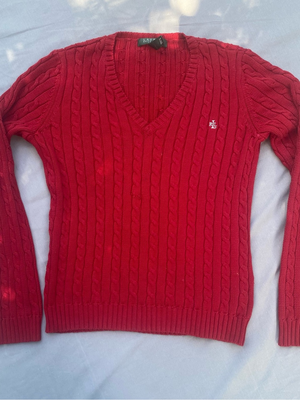 Ralph Lauren Crimson Cable-Knit V-Neck Sweater